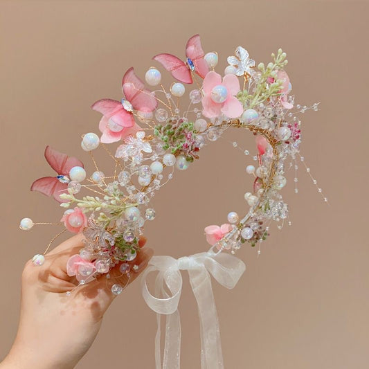 Headpiece with pink  butterfly and pearls