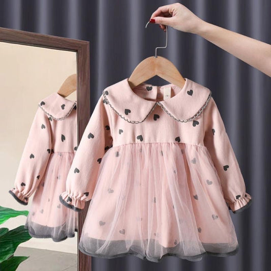 Cotton dress with tulle long sleeves printed heart pink