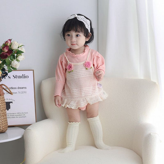 2pcs set long sleeve cotton romper + knitted dress with 2 flowers