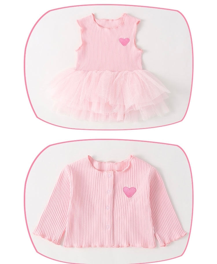 2 piece set 100% cotton knitted long sleeve  baby embroidered heart cardigan+tulle dress 3 colors