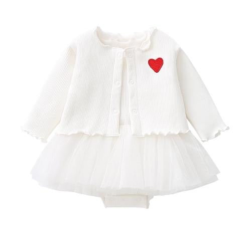 2 piece set 100% cotton knitted long sleeve  baby embroidered heart cardigan+tulle dress 3 colors