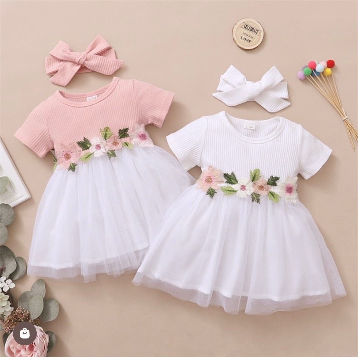 Set of 2 piece Short sleeve girl dress with flowers + headband 2 color