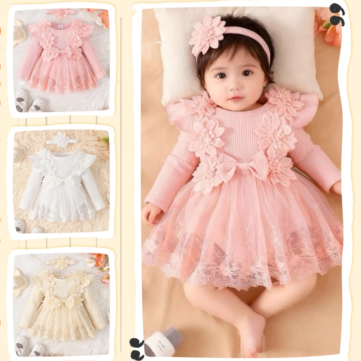 long sleeve romper dress with flowers + headband 3 color