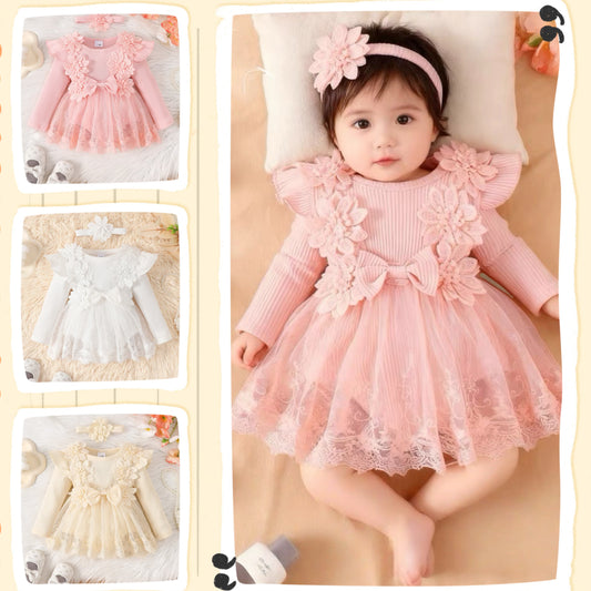 long sleeve romper dress with flowers + headband 3 color