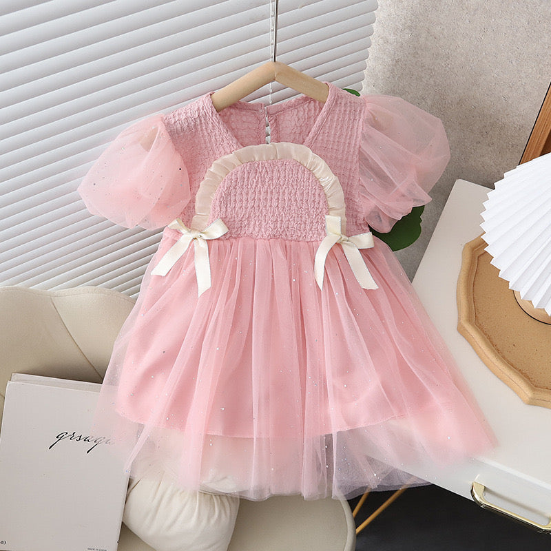 Girl Puff sleeve dress with 2 bow knots Pink