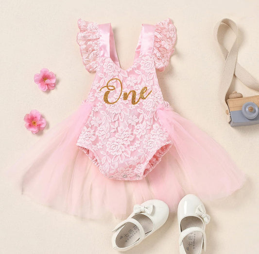For 1st birthday Baby backless lace romper dress with number “one”pink color