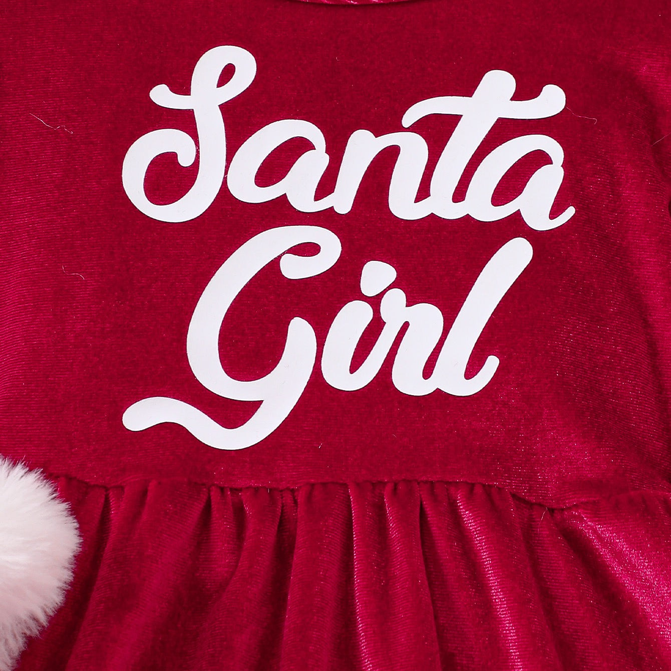 مجموعة قطعتين من فستان طفل عيد الميلاد مطبوع عليه حروف قطيفة بأكمام طويلة رومبير مثلث + قبعة كرة شعر