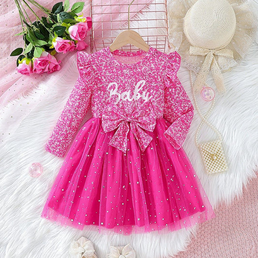 party dress with bow knot hot pink color
