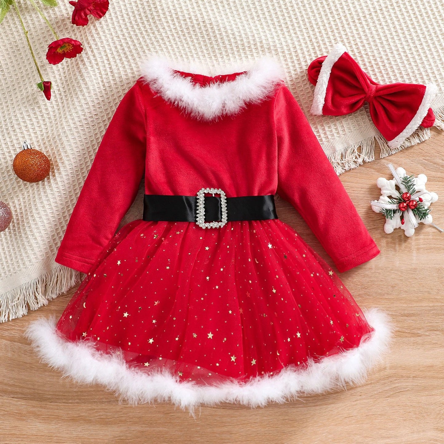 2pcs set Baby Christmas Long Sleeve dress + headband