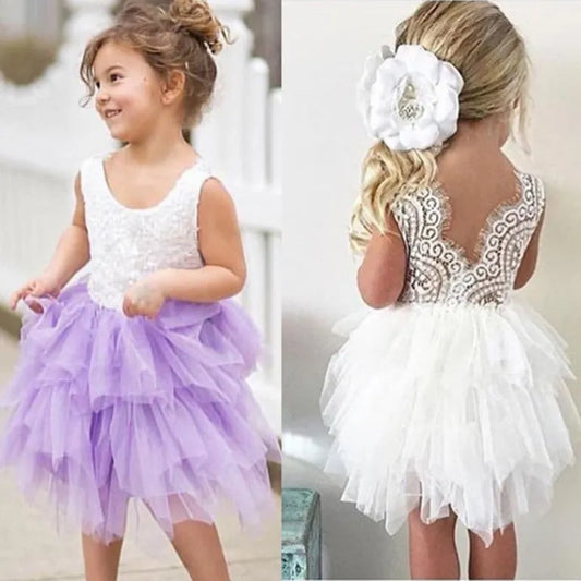 Kids sleeveless princess dress tutu skirt hollow lace sleeve, white, pink and purple color