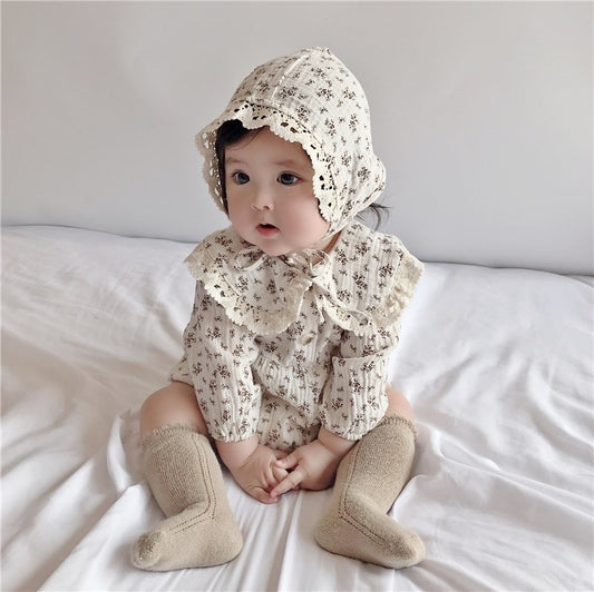 2 piece set Baby Girl long sleeve floral Romper with hat 100% cotton