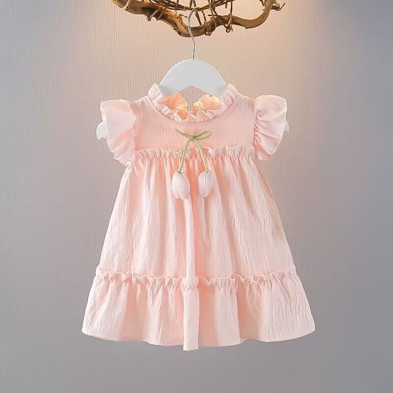 Girls cotton dress with flying sleeves and tulip flowers + straw bag