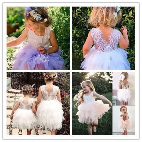 Kids sleeveless princess dress tutu skirt hollow lace sleeve