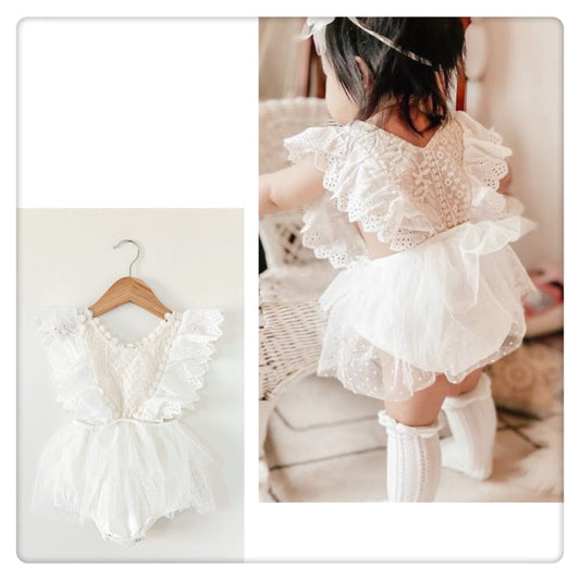 Baby Girl Lace Romper Dress white and beige color