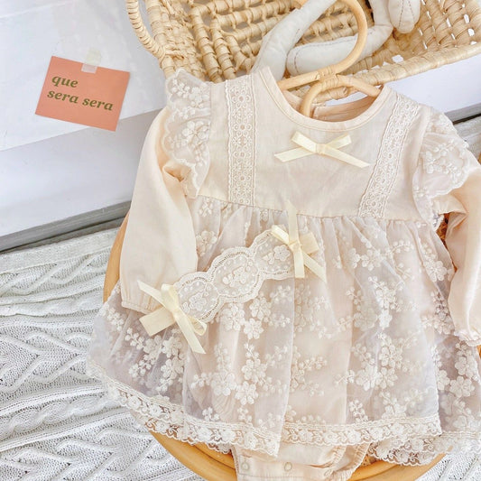 Baby beige lace romper dress long sleeve + vintage lace headband