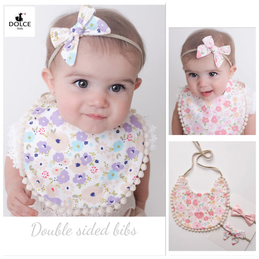 3 piece set Reversible floral Bibs + 2 headbands for babies