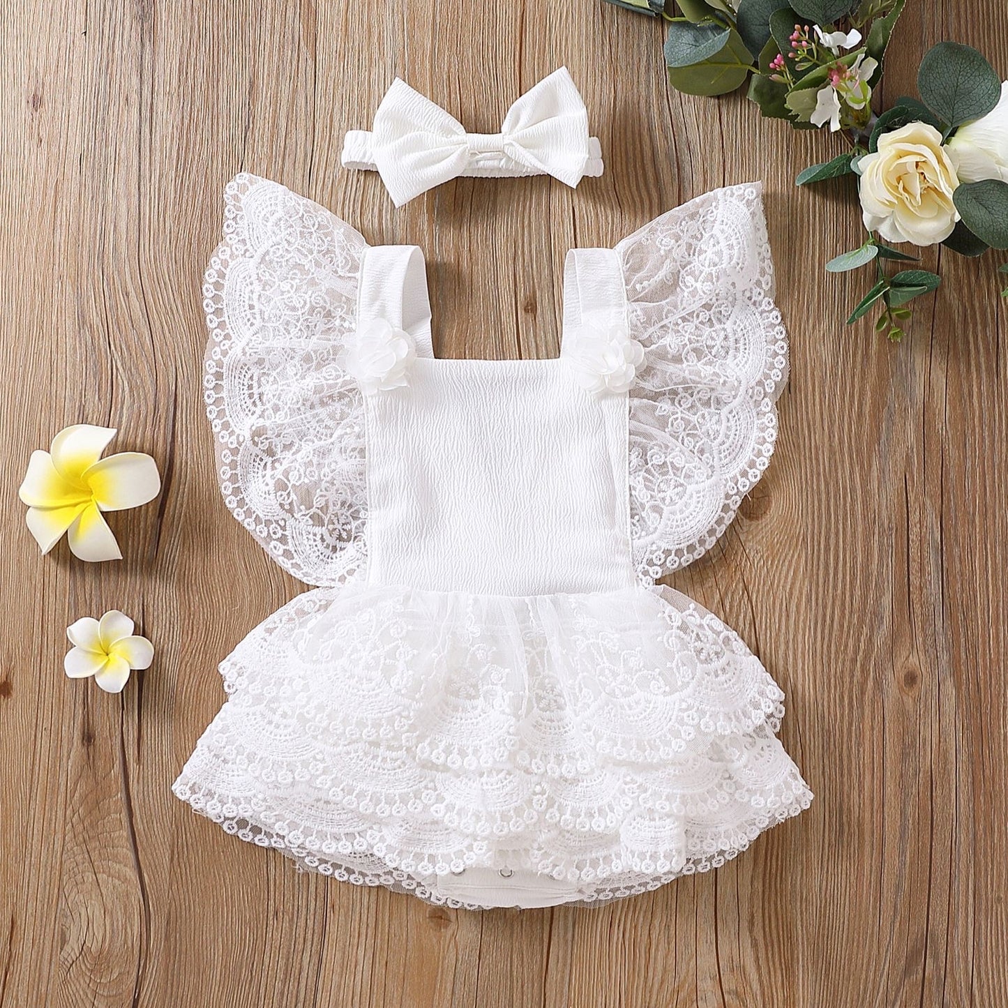 Baby Girl Lace Romper Dress Backless Boho bow tie + headband white