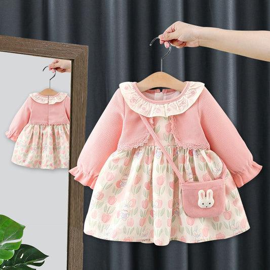 fake 2pcs baby long sleeve dress and bag with rabbit