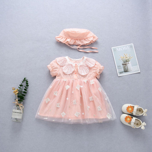 2 pcs set baby dress Petal shape collar and embroidered butterfly + hat