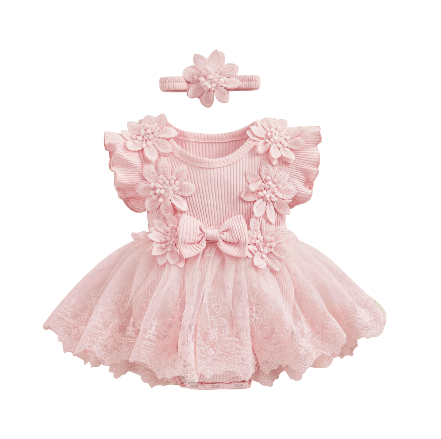 Baby Girl Lace Romper Dress flower and bow Boho + headband 4 color