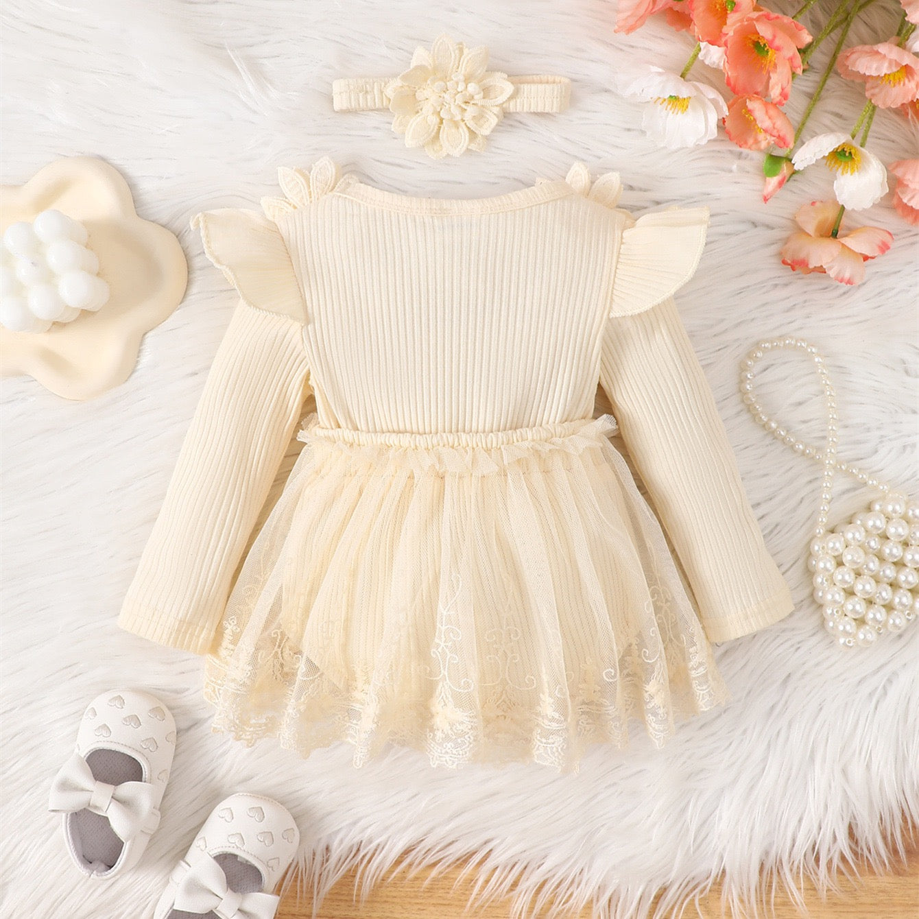 long sleeve romper dress with flowers + headband 3 color