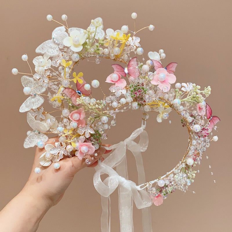 Headpiece with pink  butterfly and pearls