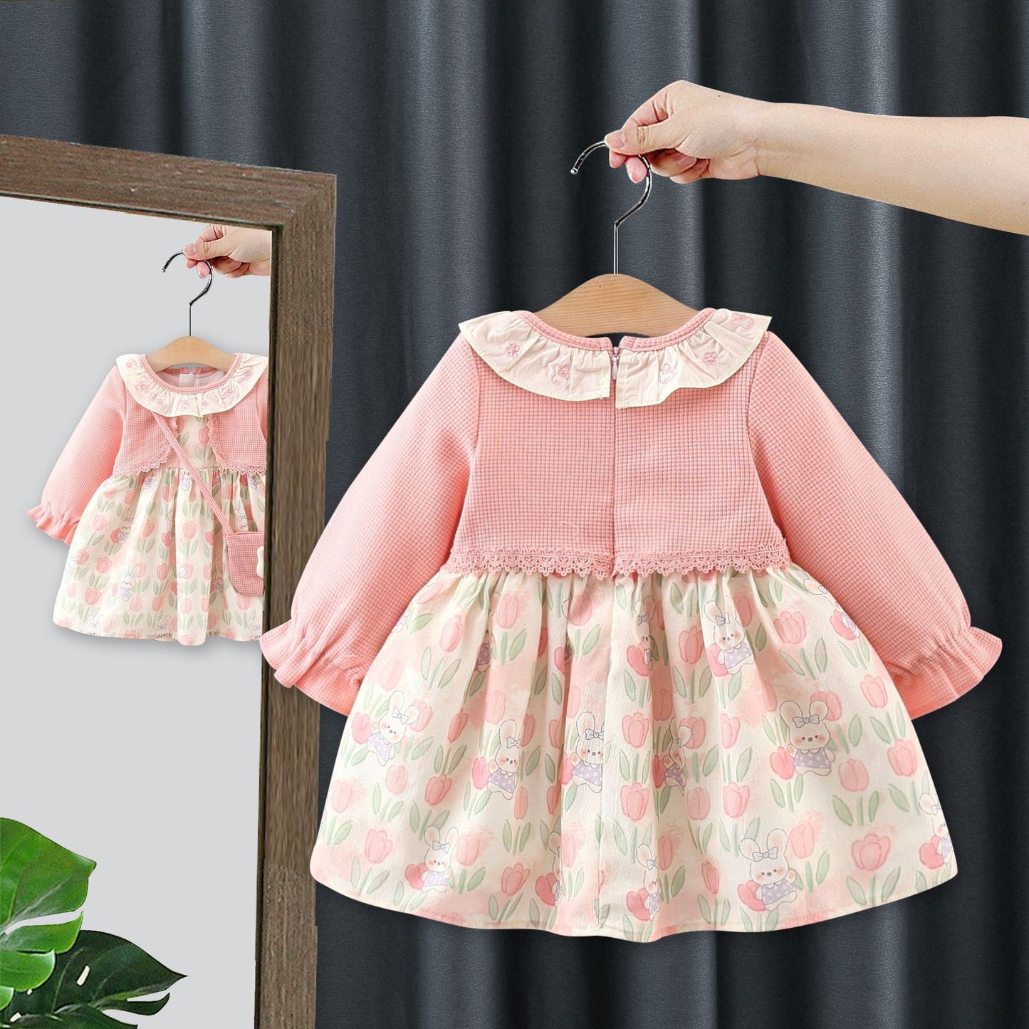 fake 2pcs baby long sleeve dress and bag with rabbit