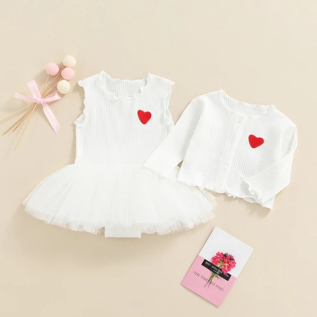 2 piece set 100% cotton knitted long sleeve  baby embroidered heart cardigan+tulle dress 3 colors