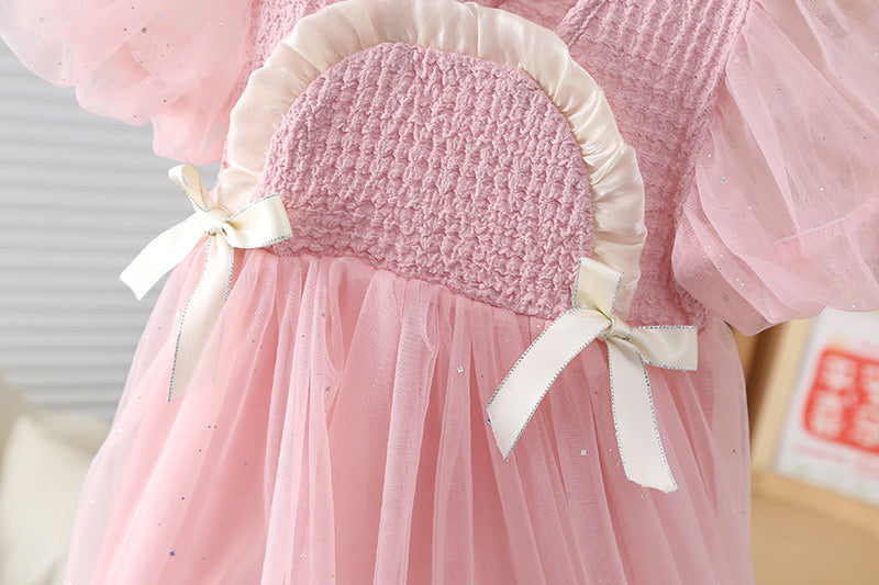 Girl Puff sleeve dress with 2 bow knots Pink