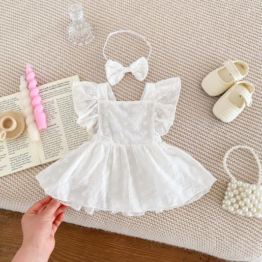 Simple 100% cotton backless romper dress + headband with bow white