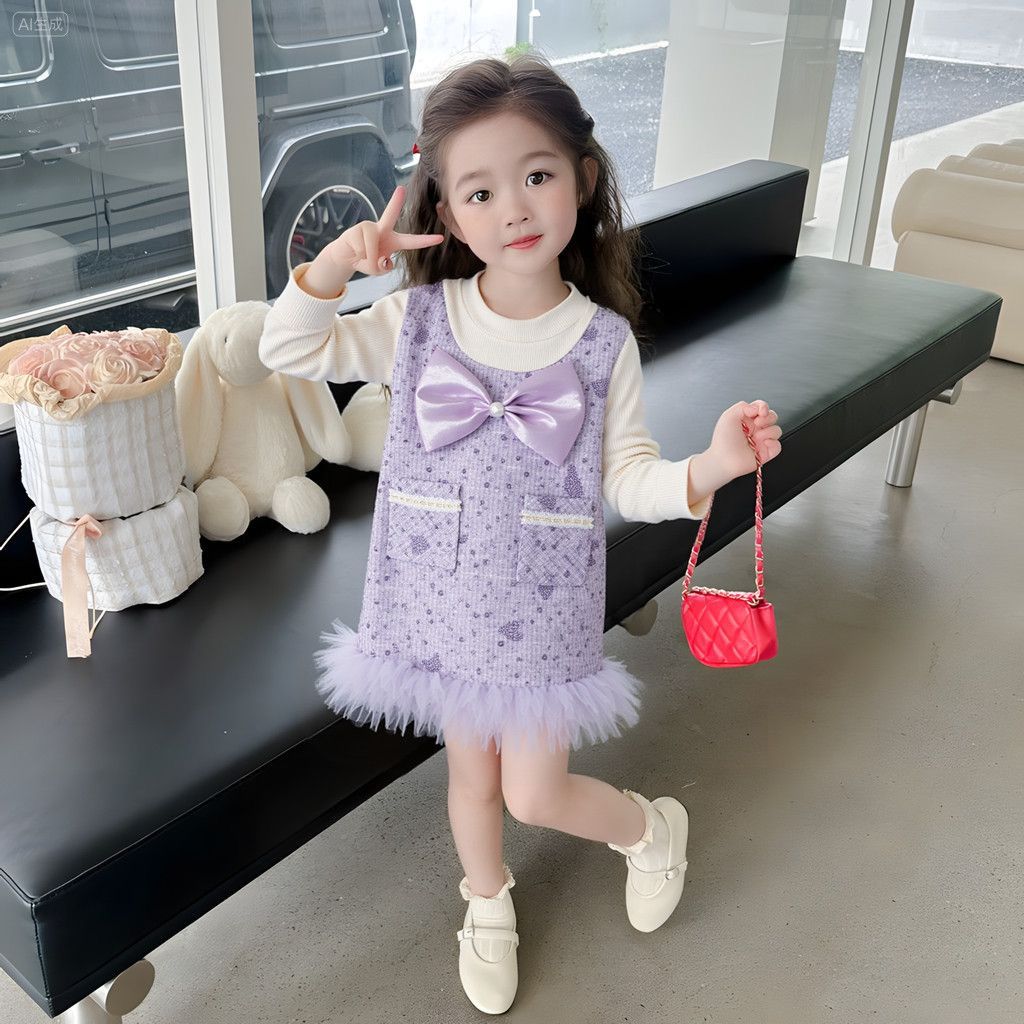 Long sleeve dress with multi-layered tulle skirt hem and big bow at chest 2 color