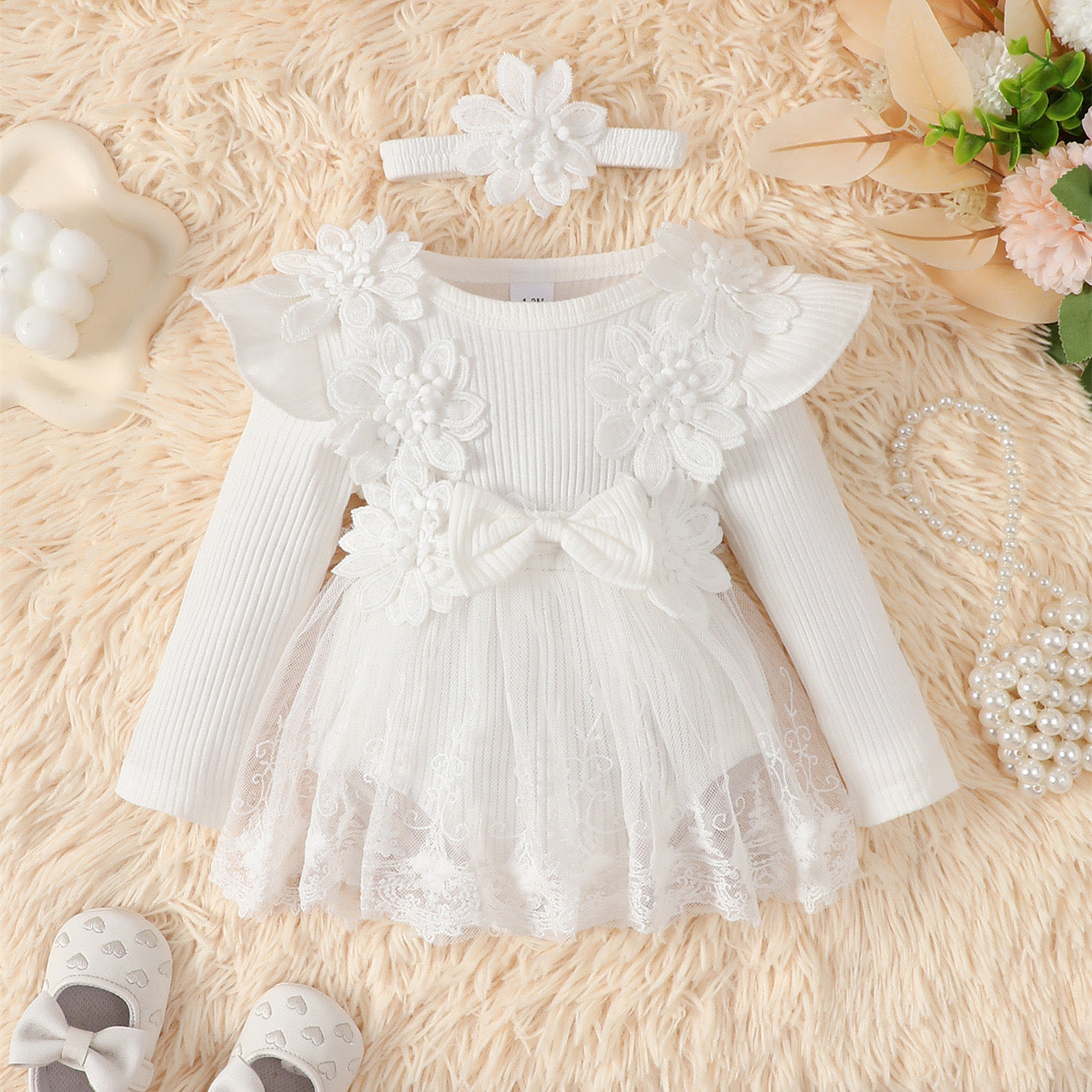 long sleeve romper dress with flowers + headband 2 color