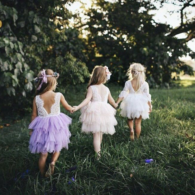 Kids sleeveless princess dress tutu skirt hollow lace sleeve