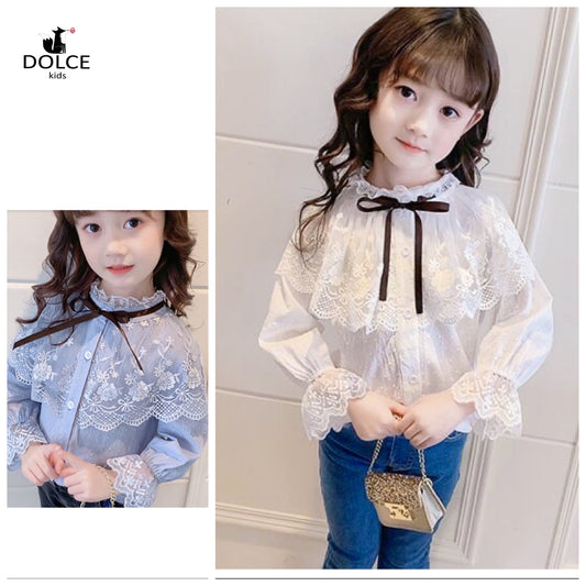 long sleeve shirt with lace collar white