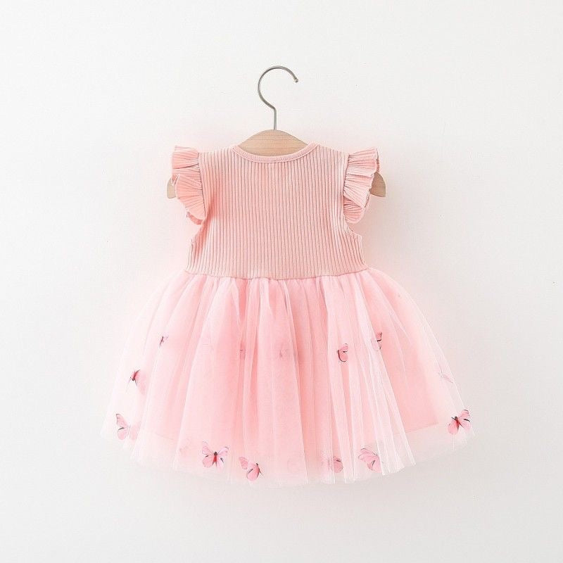 Flying sleeve girl dress with 3D butterfly and bow knot