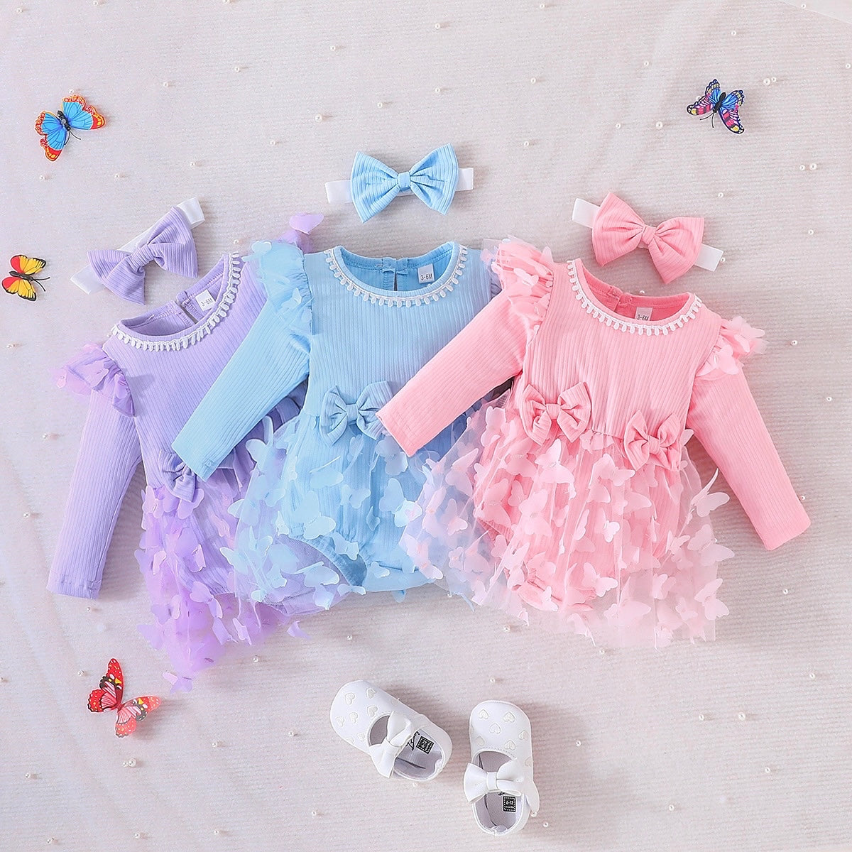 3D butterfly Baby long sleeve dress with headband