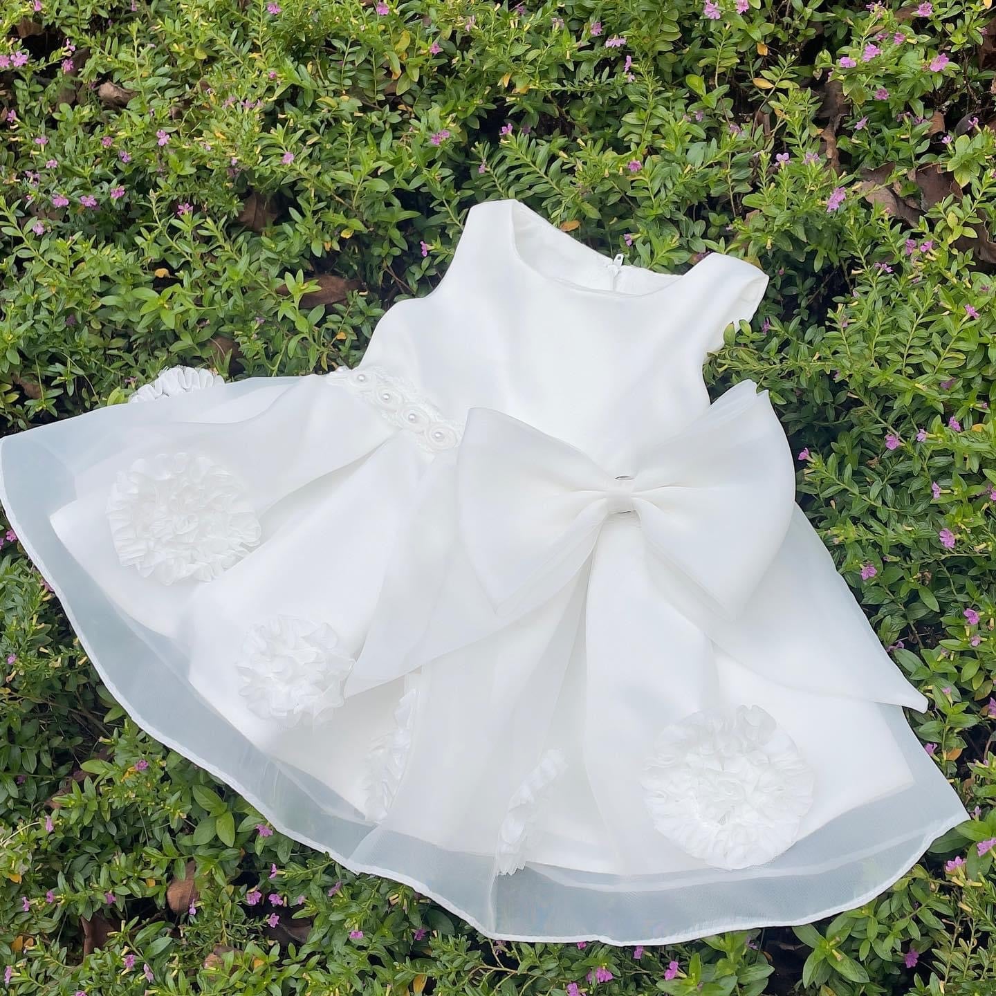 Elegant Baby dress with flowers and big bow knot White