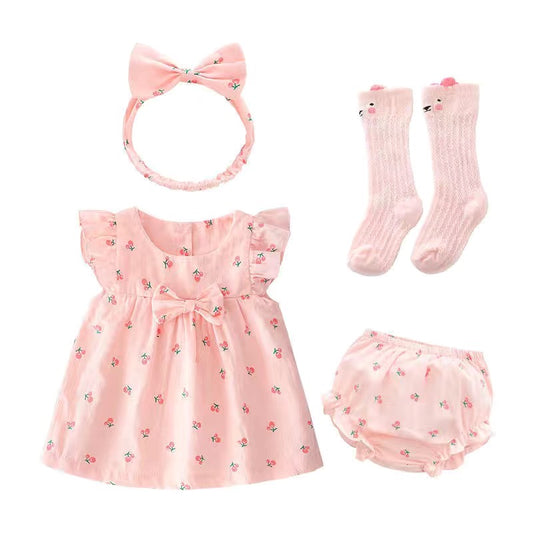 4 pieces Baby cotton dress printed cherry +short pants+headband + socks