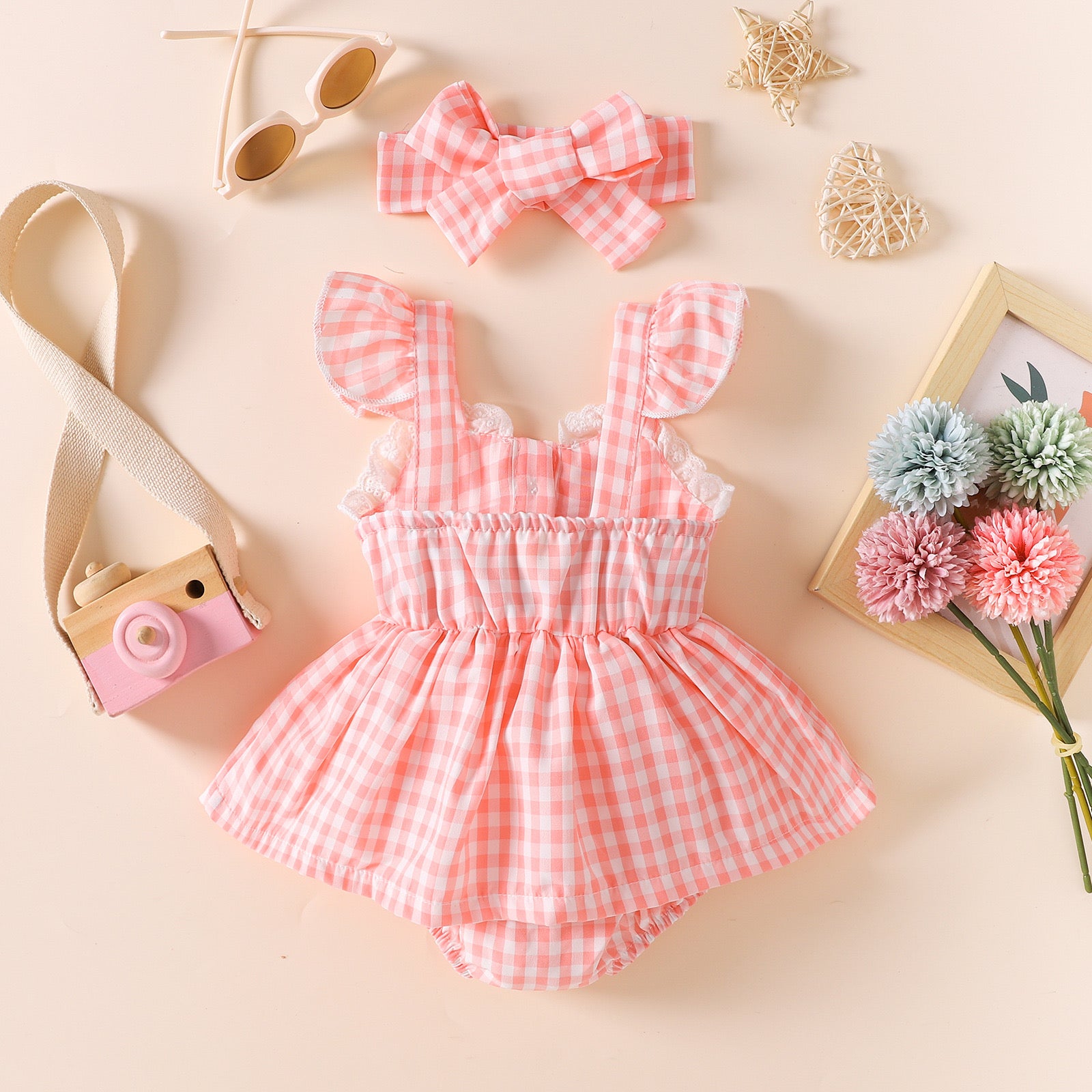 2 pieces Baby cotton french plaid romper dress headband