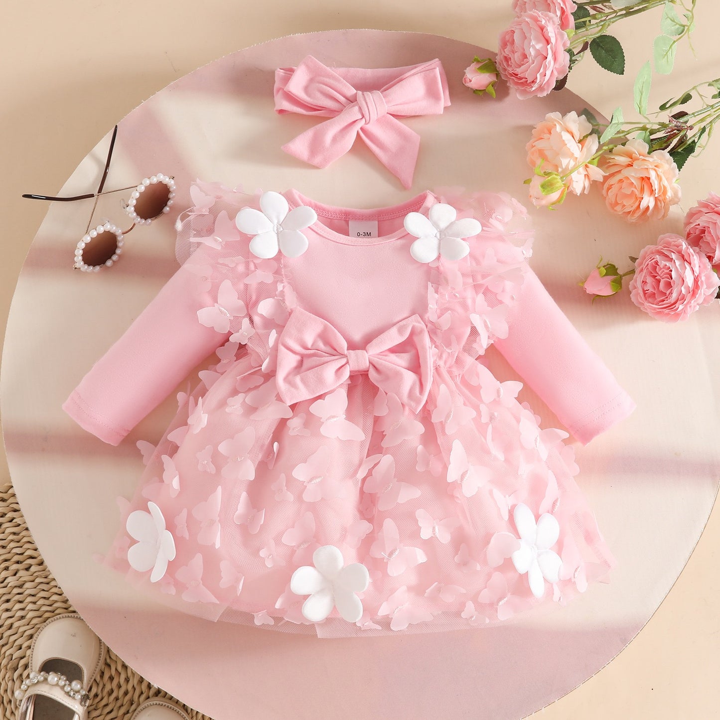Set of 2pcs Long sleeve dress with butterflies and flowers + headband 2 color