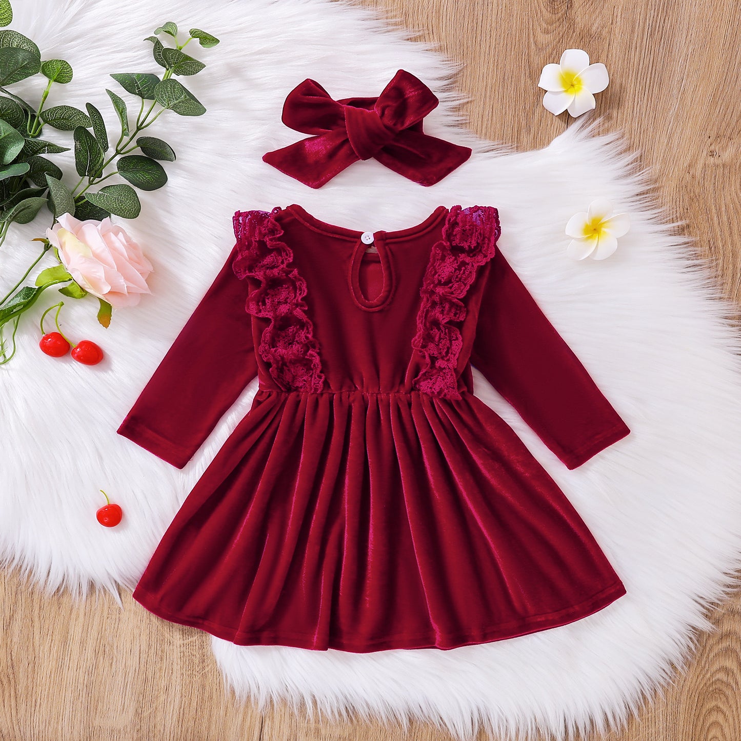 2 pcs velvet dress + headband red color