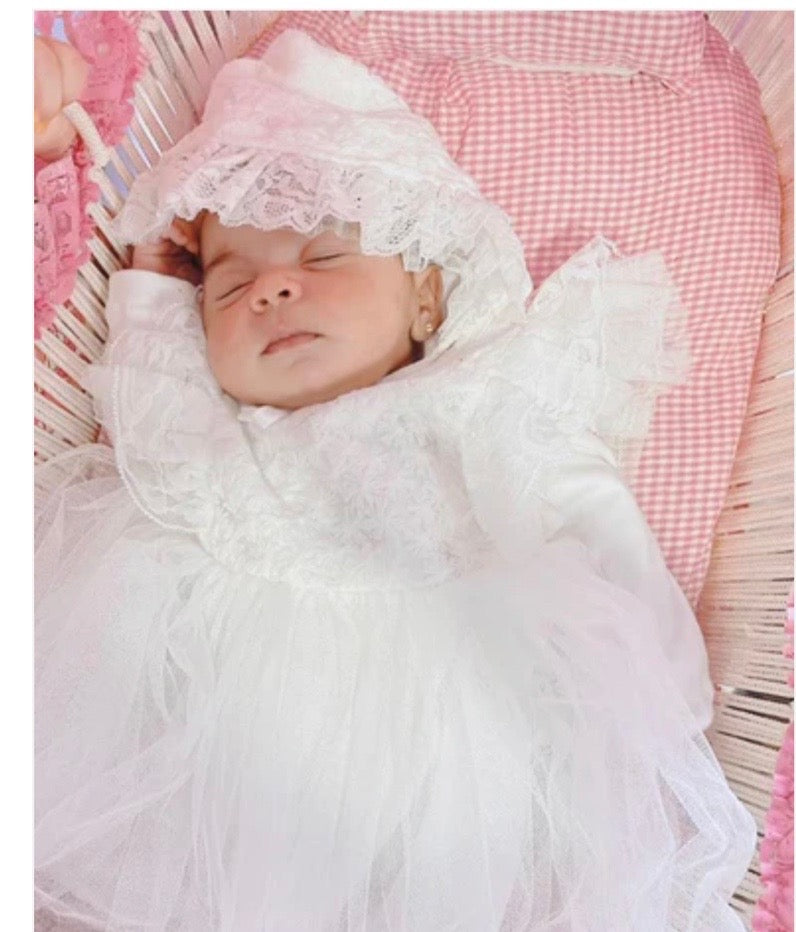 Baby long sleeve dress with hat embroidered dandelions white