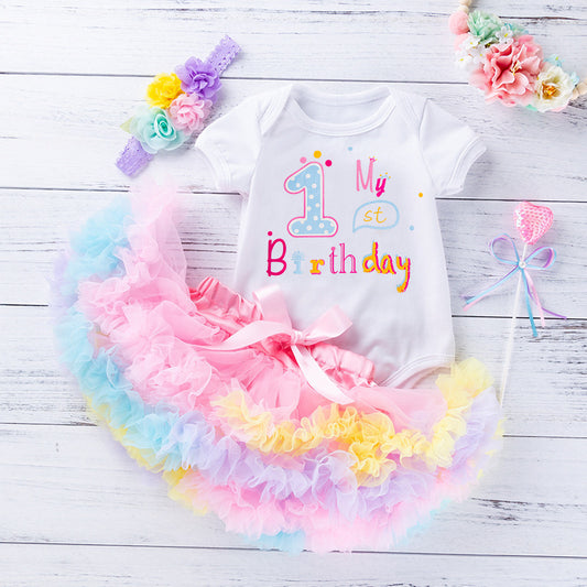 3 pieces Baby romper+rainbow tutu sirt+headband  with printed  Number 1