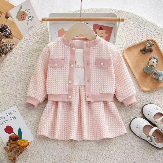 2pcs set waffle long sleeve jacket + dress .