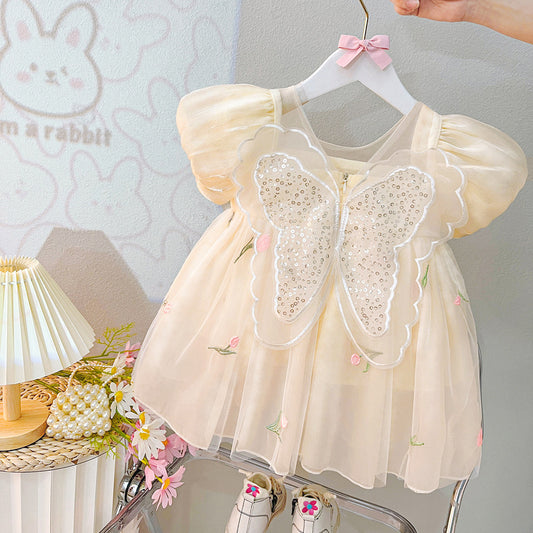 Butterfly dress with embroidered flowers tulle dress beige color