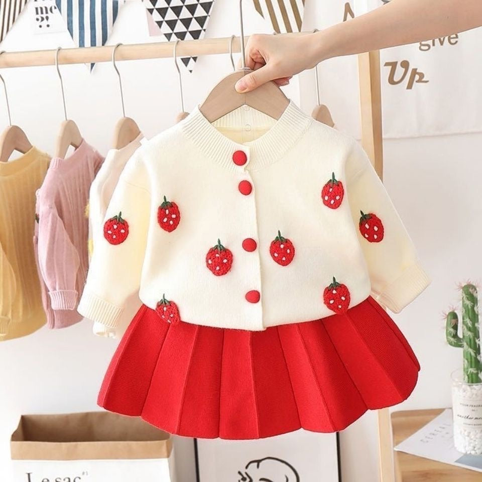 2 piece set Girl  long sleeve  knitted sweater cardigan + skirt red color