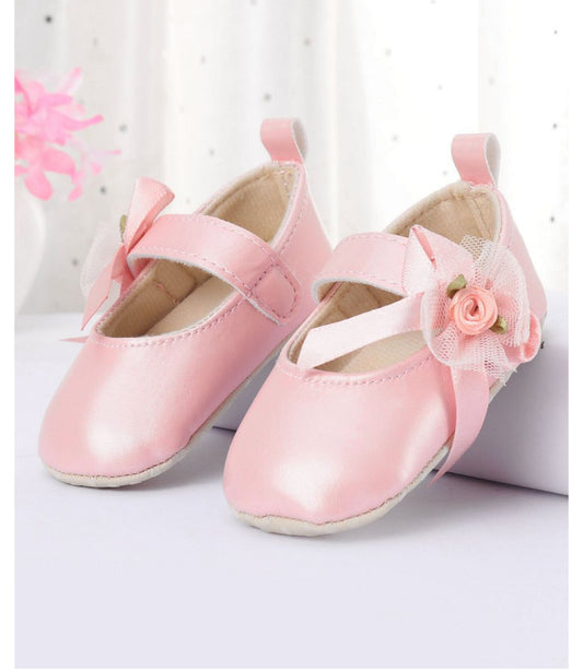 Baby leather shoes with flowers pink color soft sole