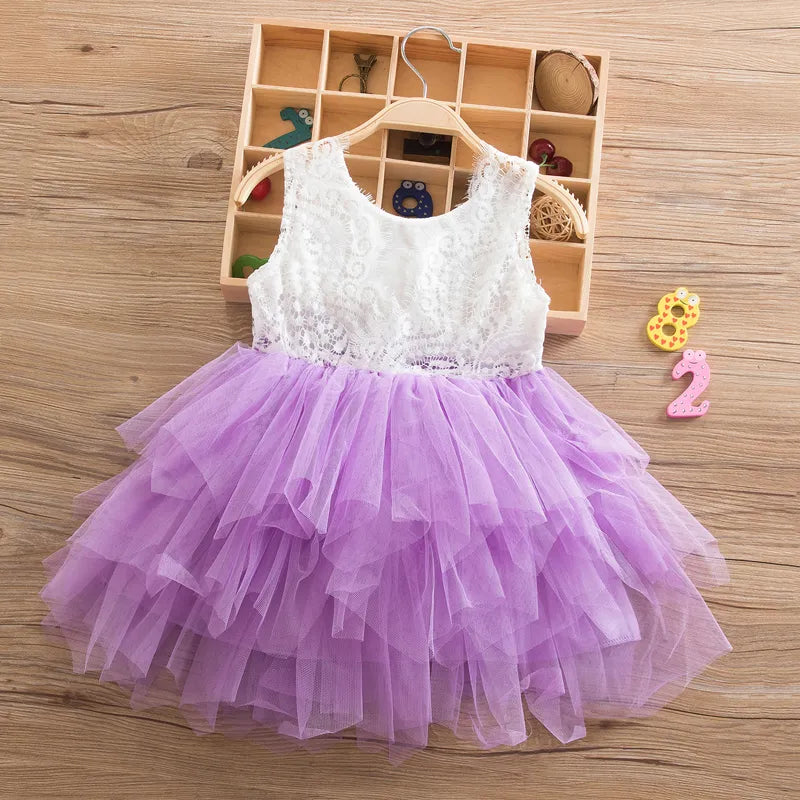 Kids sleeveless princess dress tutu skirt hollow lace sleeve