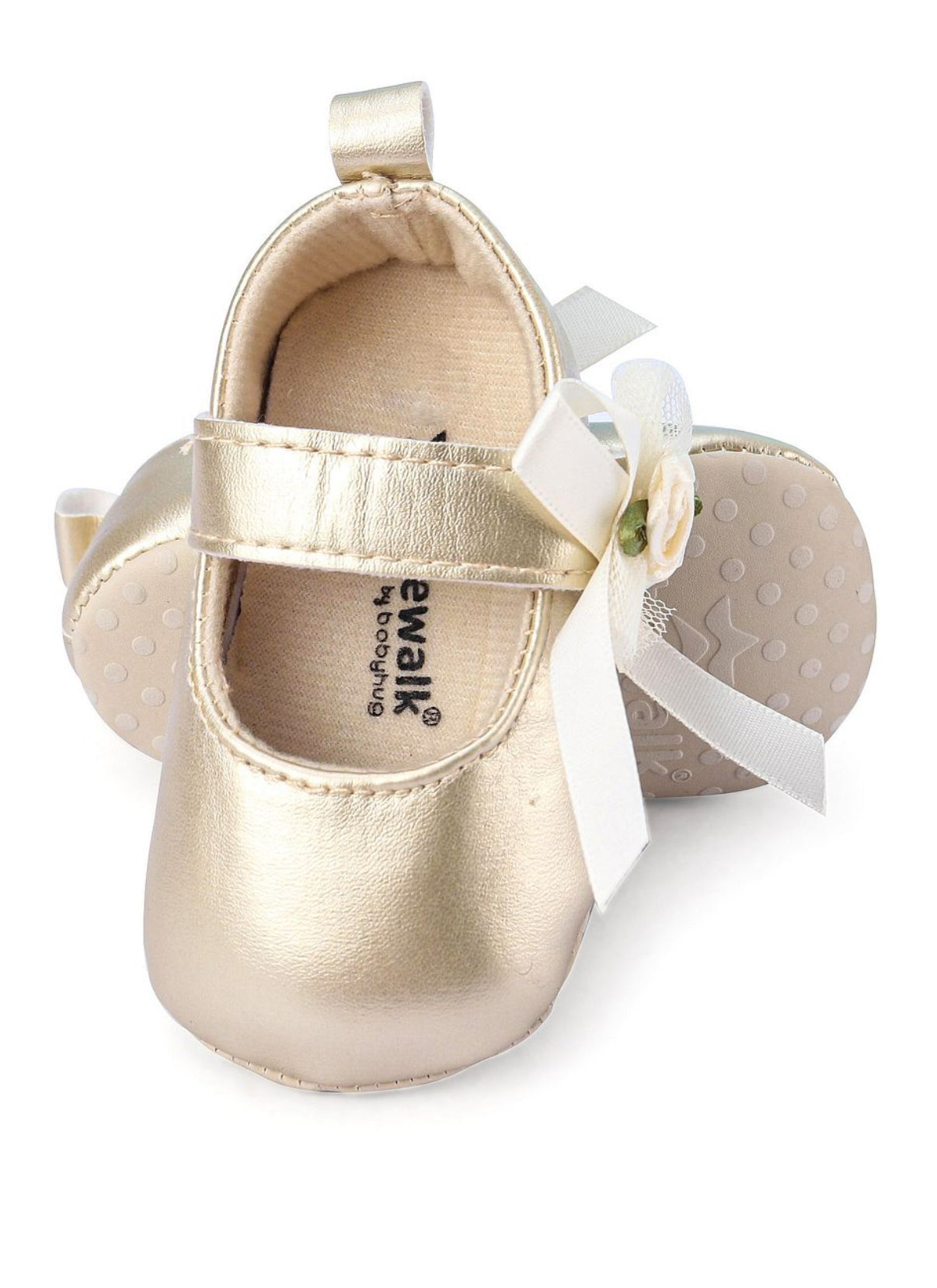 Baby leather shoes with flowers golden color soft sole