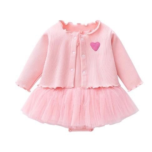 2 piece set 100% cotton knitted long sleeve  baby embroidered heart cardigan+tulle dress 3 colors